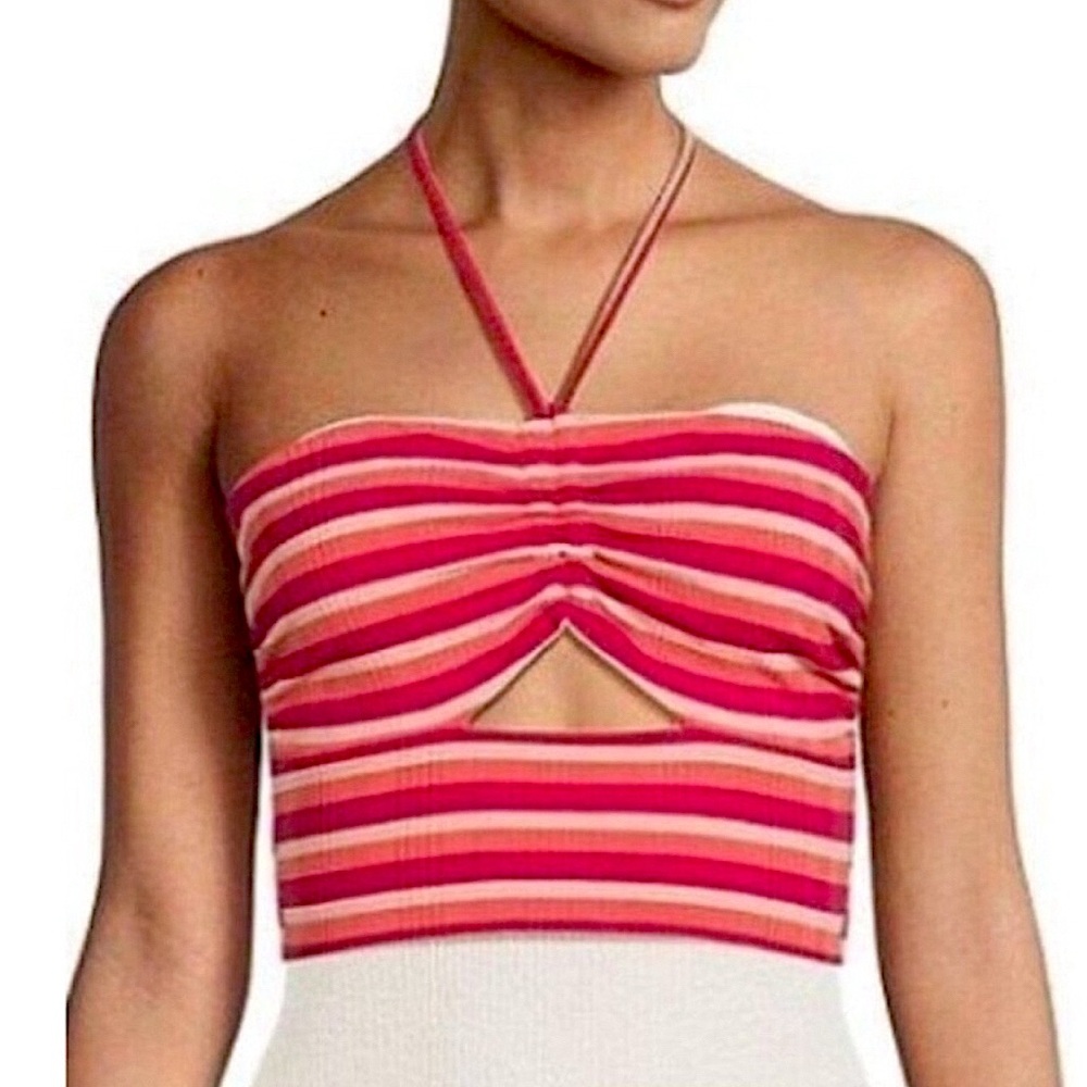 Lspace Paloma Ribbed Stripe Cutout Crop Top Pink Fuchsia Peach Orange Size Medi…